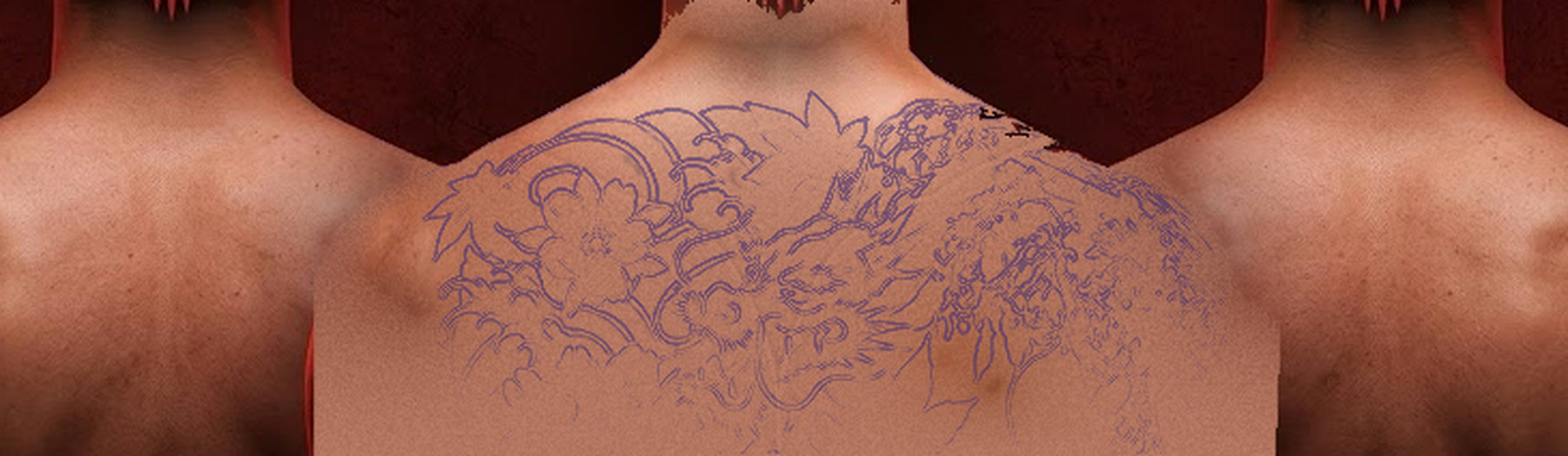 Costas com o decalque de uma tatuagem de dragão japonês, prontas para tatuar